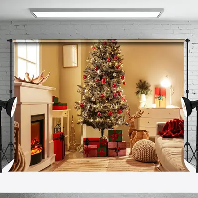 Warm Festive Room Fireplace Christmas Tree Backdrop - Aperturee