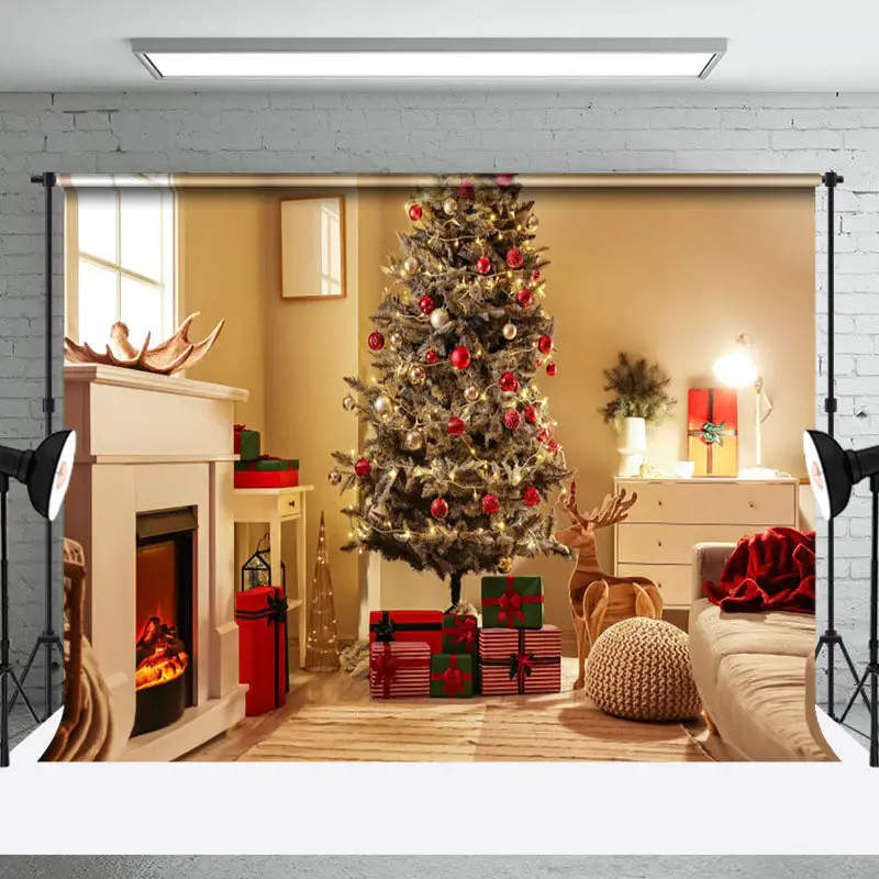 Warm Festive Room Fireplace Christmas Tree Backdrop - Aperturee