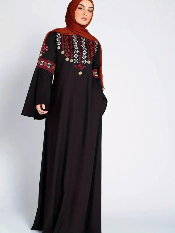 Women's Ethnic Pattern Embroidery Flounce Sleeve Abaya, Modest Long Sleeve Round Neck Maxi Muslim Dress for Daily Wear, Abaya...
