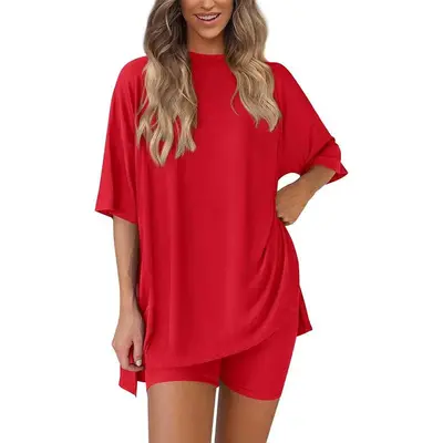 Women's Summer Two-Piece Set 2025 Casual Oversized Crewneck Split Hem Shirts & Side Pocket Biker Shorts Minimalist Lounge Wea...