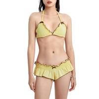 Women 2 Pieces Swimsuit Outfits Patchwork Sleeveless Padded Bra and Frills Thong Bottoms Bikini Beach Bathing Suits Set