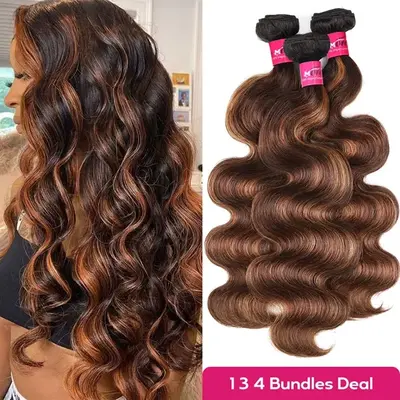 FB 30 Brown Highlight Body Wave Bundles Ombre Colored Human Hair Weave P4 27 Brazilian Hair Weave Bundle 1 3 4 PCS Quick Weav...