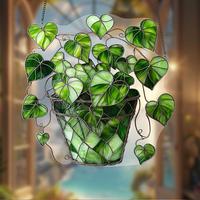 Green Leaf Potted Plantsdesign 2D Acrylic Sun Catcher, Stained Glass Plant Decoration, Hanging Decor for Home Garden, Holiday...