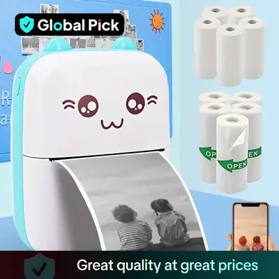 Ink-free Printing Mini Printer, 1 Set Portable Thermal Printer with 5 Rolls Thermal Printing Paper & 5 Rolls Self-adhesive Pr...