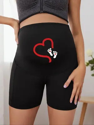 Maternity Heart Print High Waist Maternity Short Leggings, Casual Comfy Breathable Skinny Shorts for Pregnancy & Postpartum, ...