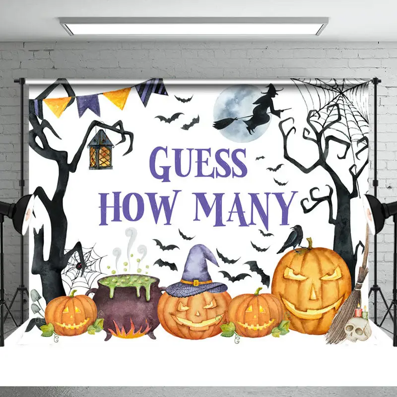 Guess How Many Pumpkin Witch White Halloween Backdrop - Aperturee