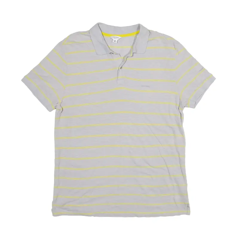 CALVIN KLEIN Polo Shirt Grey Slim Striped Short Sleeve Mens M