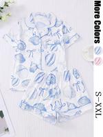Women's All Over Print Button Front Top & Elastic Waist Shorts Pyjama Two-piece Set, Casual Comfy Short Sleeve Top & Shorts P...