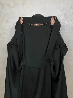 Women's Solid Color Satin Abaya Set, Modest Bishop Sleeve Long Sleeve Abaya & Niqab, Women's Islamic Clothing for Spring & Fa...