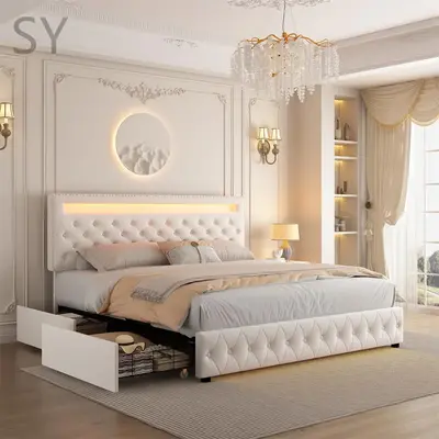 SY-Hot Selling Adjustable Led Bed Frame with 4 Storage Drawers,Control DIY Color,with Smart Control RGB LED Lights Headboard ...