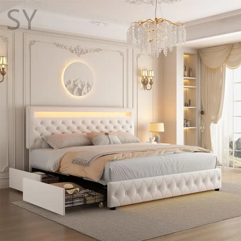 SY-Hot Selling Adjustable Led Bed Frame with 4 Storage Drawers,Control DIY Color,with Smart Control RGB LED Lights Headboard ...