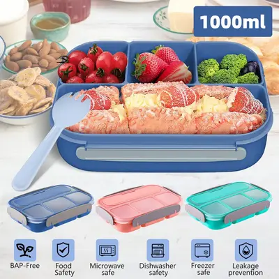 Bento Lunch Box, 4 Compartments and Spoon 1000 ML  School, Work and Travel, BPA Free, Three Colors, Xmas Gift Lid Silicone