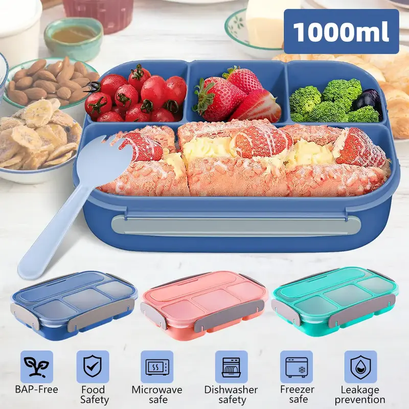 Bento Lunch Box, 4 Compartments and Spoon 1000 ML School, Work and Travel, BPA Free, Three Colors, Xmas Gift Lid Silicone