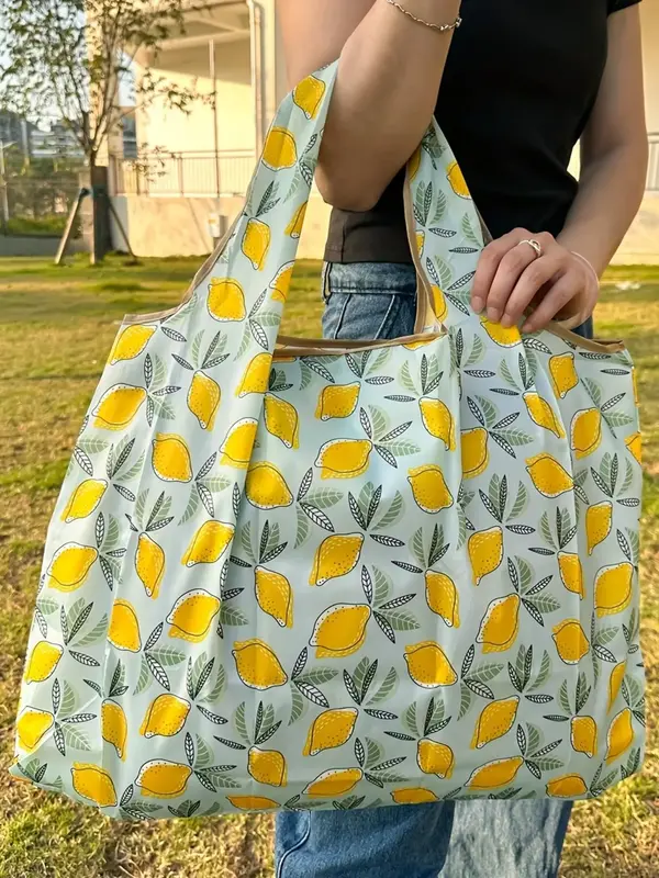 Women's Lemon Pattern Tote Bag, Summer 2024 Large Capacity High Load-bearing Waterproof Foldable Shoulder Bag for Outdoor Sho...