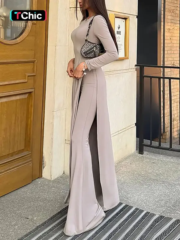 Kliou Women's Muslim Two-Piece Set, Elegant Long Sleeve Round Neck Top & High Waist Slim Fit Flare Pants, Fall Winter Fashion