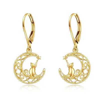 14K Gold Cat & Moon Drop Earrings