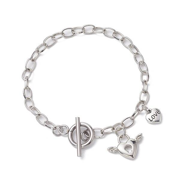 Brass Love Heart Charm Bracelet with Iron Oval Link Chains