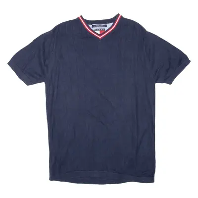 TOMMY HILFIGER Mens Jumper Blue V-Neck Tight Knit Short Sleeve M