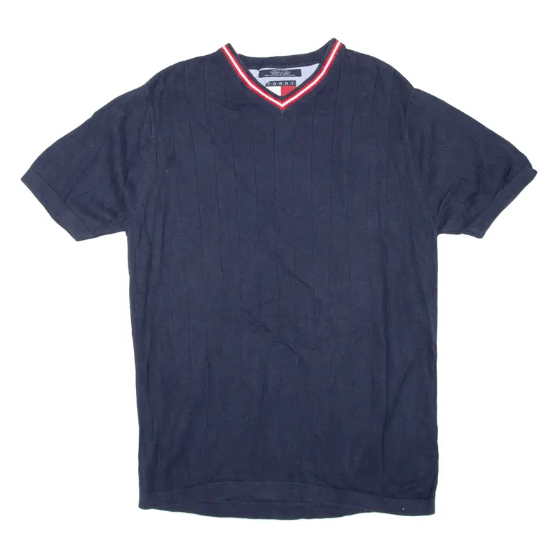 TOMMY HILFIGER Mens Jumper Blue V-Neck Tight Knit Short Sleeve M
