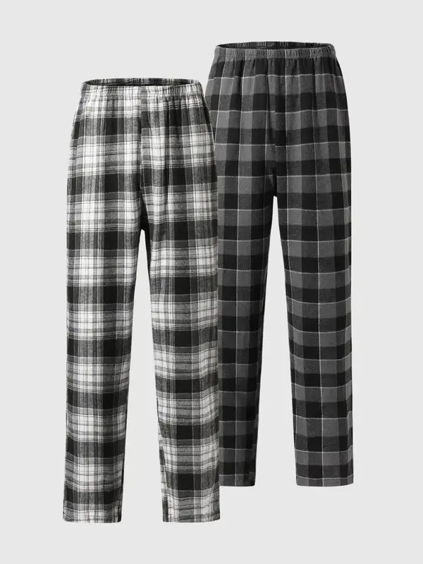 Men's 2pcs Plaid Print Elastic Waist Sleep Pants, Casual Comfy Loungewear Pants, Soft Breathable Sleep Bottoms for All Season...