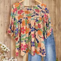 SageVell Floral Pleated Blouse Puff Sleeve Top Breathable Cascading Pleat Top Colorful Botanical Print Blouse