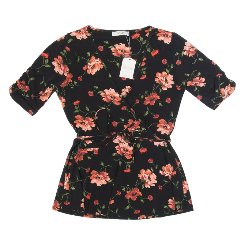OASIS Womens Wrap Blouse Black Button Neck Floral S