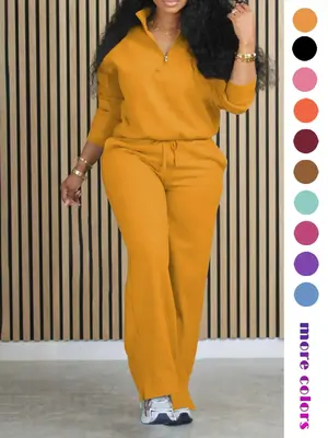 Women's Solid Half Placket Split Hem Pants Set, Casual Long Sleeve Top & Pocket Wide Leg Trousers for Summer, Ladies Clothes ...