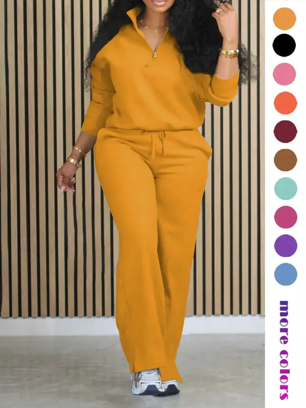 Women's Solid Half Placket Split Hem Pants Set, Casual Long Sleeve Top & Pocket Wide Leg Trousers for Summer, Ladies Clothes ...
