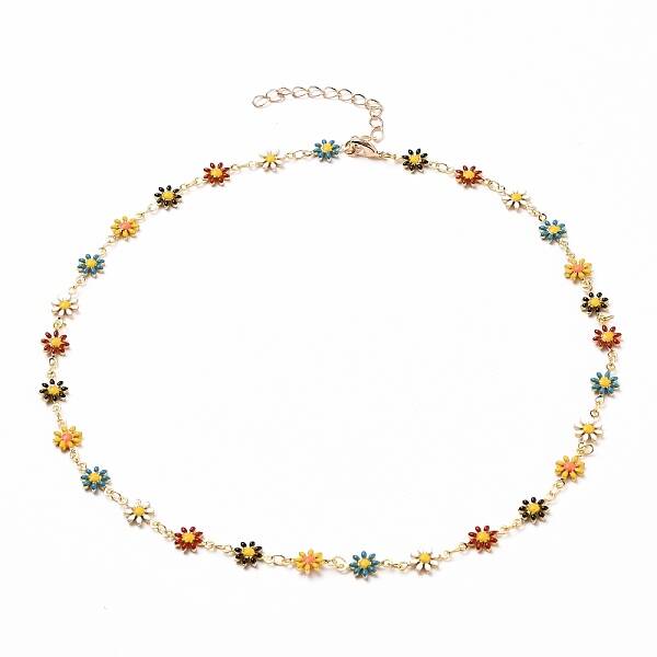 Golden Brass Flower Enamel Links Chain Necklaces