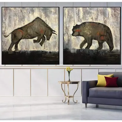 Original Set of 2 Paintings Bull and Bear Painting on Canvas Abstract Bull and Bear Painting Minimalist Artwork Decor | BULL ...