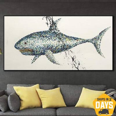 Shark Painting Shark Large Abstract Painting Shark Painting Modern Abstract | UNDERWATER HUNTER 30"x60"