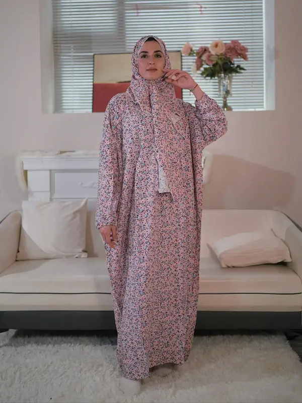 Women's Ditsy Floral Print Long Sleeve Dress with Hijab, Modest Casual Long Dress for Daily Wear, Ladies Islamic Clothing for...