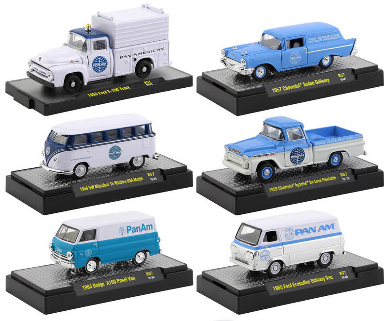 Auto Trucks Release 57 Set of 6 pieces Pan American World Airways (Pan Am) IN DISPLAY CASES 1/64 Diecast Model Cars by M2 Mac...