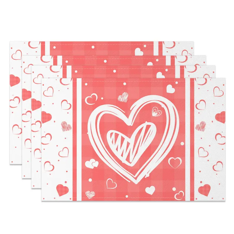 Aperturee White Pink Heart Valentines Day Set Of 4 Placemats, 14x12 Inch, 15.8 USD, NYJY00379-S, placemats