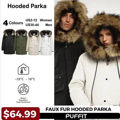PUFFIT Unisex Faux Fur Mid-Length Hooded Parka With Large Pockets Unisex Coats, Winter Warm Basic Long Sleeve Women's and Men...