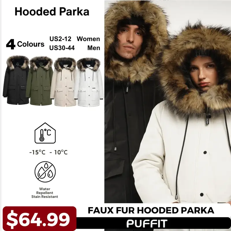PUFFIT Unisex Faux Fur Mid-Length Hooded Parka With Large Pockets Unisex Coats, Winter Warm Basic Long Sleeve Women's and Men...