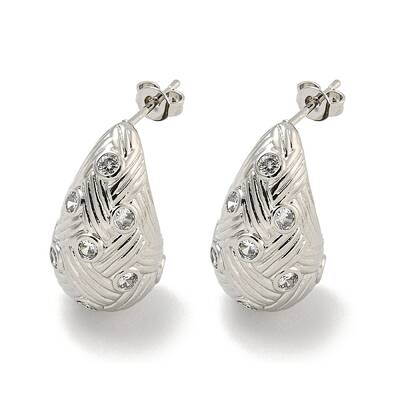Teardrop Texture Brass Micro Pave Cubic Zirconia Stud Earrings for Women