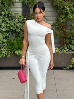 Women's Solid Asymmetrical Neck Knot Design Top & High Waist Capri Pants Two-piece Summer Outfits Set, Elegant Fashion Ruched...