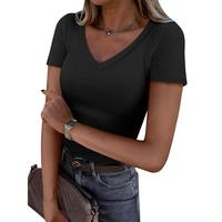 ANRABESS Women Short Sleeve Tops V Neck Rib Knitted Slim Fit Shirts Basic Tees 2025 Summer Casual T-Shirts Going Out Outfits ...