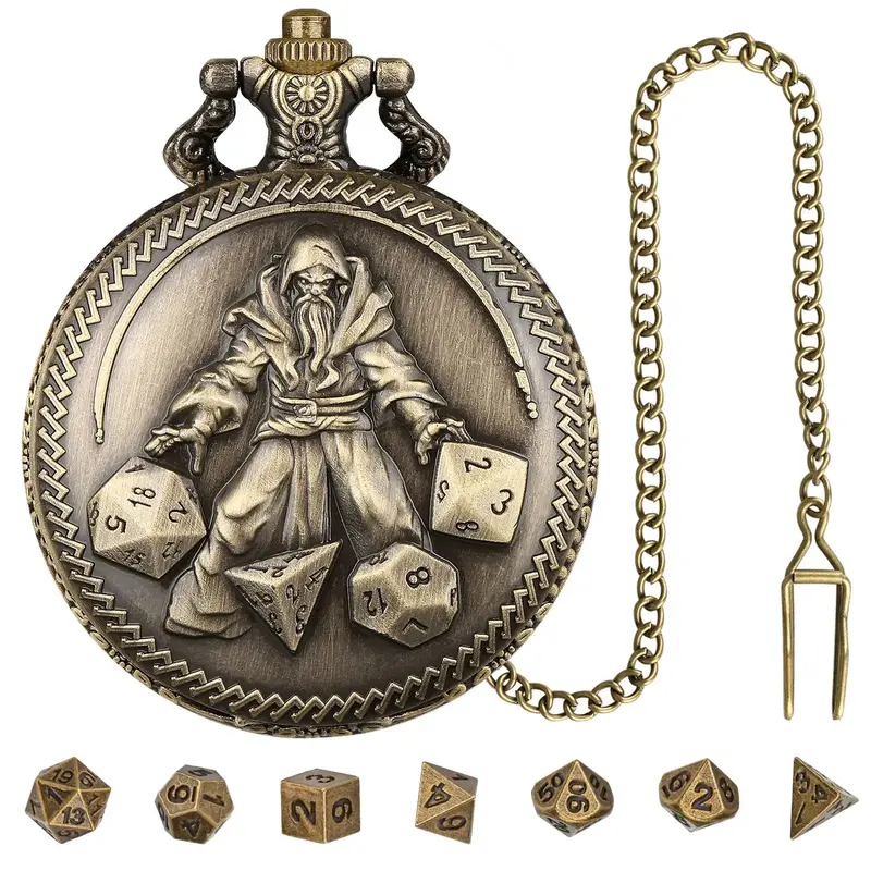 DND Wizard Pocket Watch Shell Case with Chain & Dice Set, 9 Counts/set Role Playing Board Game Accessories, DND Gifts with Gi...