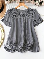 【Plus Size】 Plaid Print Blouse, Casual Short Sleeve Top for Summer, Women's Curvy Clothes for Daily Wear