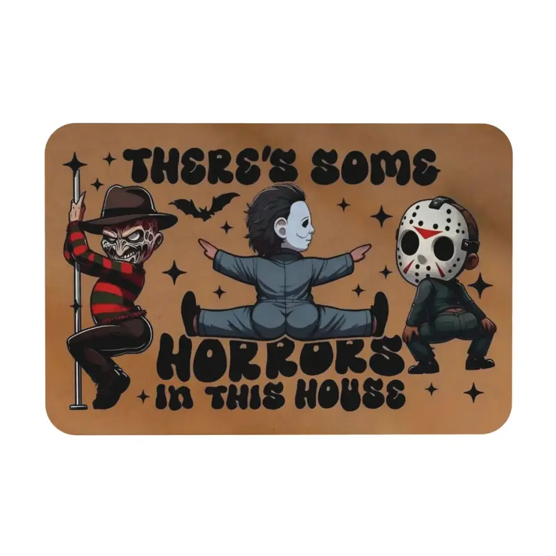 Funny Horror Characters Rubber This House Doormat, Christmas Halloween Welcome Mat, Spooky Season Front Door Kitchen Bathroom...