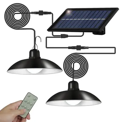 Outdoor Solar Pendant Light, Waterproof Dual Heads 60LED Shed Light with Remote Control, Solar Hanging Lamp for Home Indoor P...