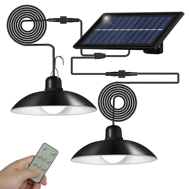 Outdoor Solar Pendant Light, Waterproof Dual Heads 60LED Shed Light with Remote Control, Solar Hanging Lamp for Home Indoor P...