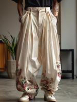 Men's Floral Print Plicated Wide Leg Pants, Loose Casual Comfy Pocket Trousers for Daily Wear, Men's Bottoms for All Seasons,...