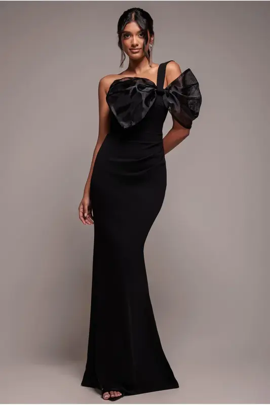 Goddiva Organza Bow One Shoulder Scuba Crepe Maxi Dress - Black