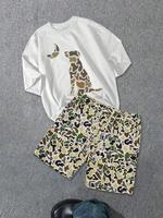 Two-Piece Set Men's Camo Print Short Sleeve Tee & Shorts, Regular Fit Casual Fashion Cozy Breathable T-shirt & Shorts for Dai...