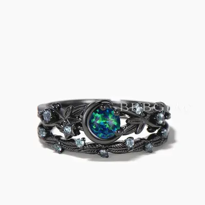 Round Black Opal Moon Wedding Ring Alexandrite Black Gold Twisted Ring Set