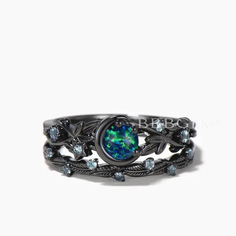 Round Black Opal Moon Wedding Ring Alexandrite Black Gold Twisted Ring Set