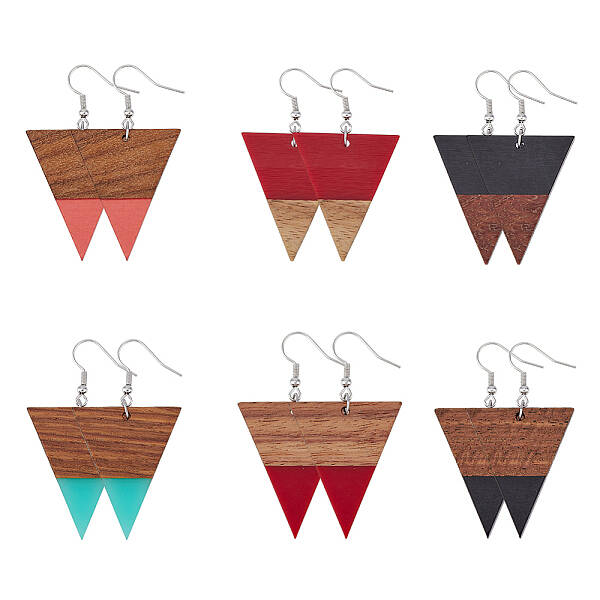 6 Pair 6 Style Resin & Wood Dangle Earrings with Iron Pins